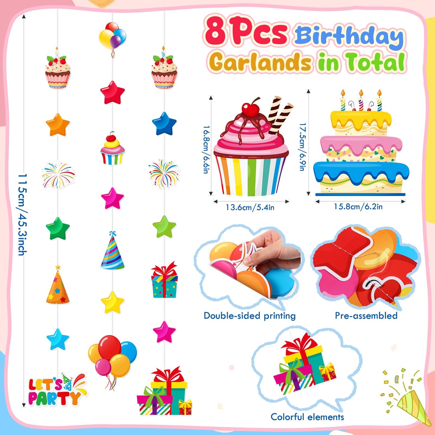 Daifunli 8 Pcs Happy Birthday Party Decorations Lets Party Garland Streamers Colorful Rainbow Birthday Theme Hanging Paper Cuto