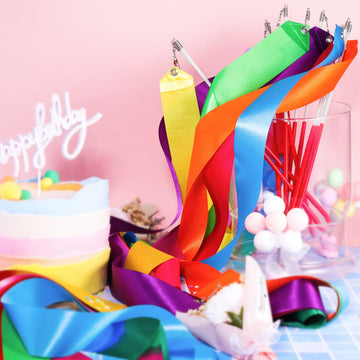 HiUnicorn 24 Pack Rainbow Dance Ribbon Sticks - 12 Colors Rhythmic Gymnastics Twirling Ribbons for Kids Birthday Party Decorations