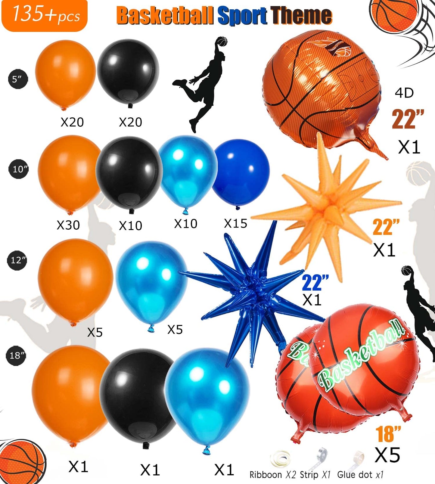 Kozee Orange Blue Black Basketball Balloon Garland Kit 135Pcs With 4D Starburst Basketball Balloons For Boy&Girl Sport Theme Par