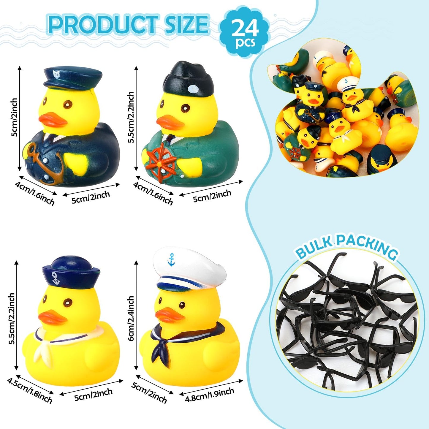 Motionchic 36 Pcs Cruise Ships Rubber Ducks Bulk with Sunglasses 2.4 Inch Military Rubber Cruise Uniform Armed Forces Squeaky Bath Duck Toy Birthday Baby Shower Party Favors
