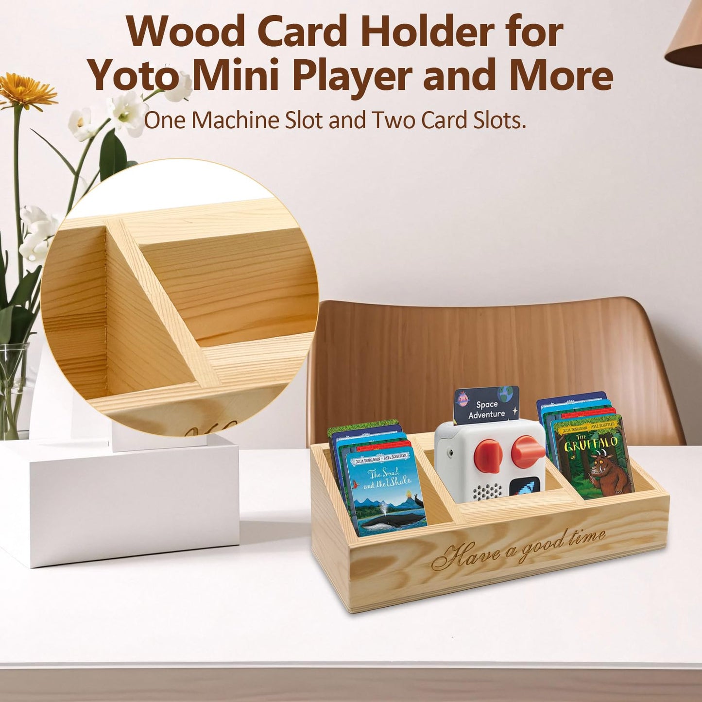 Secoat Wooden Holder Compatible With Yoto Mini Player (2024 Edition) And Yoto Cards,Wood Storage Box With 3 Compartments For Dis
