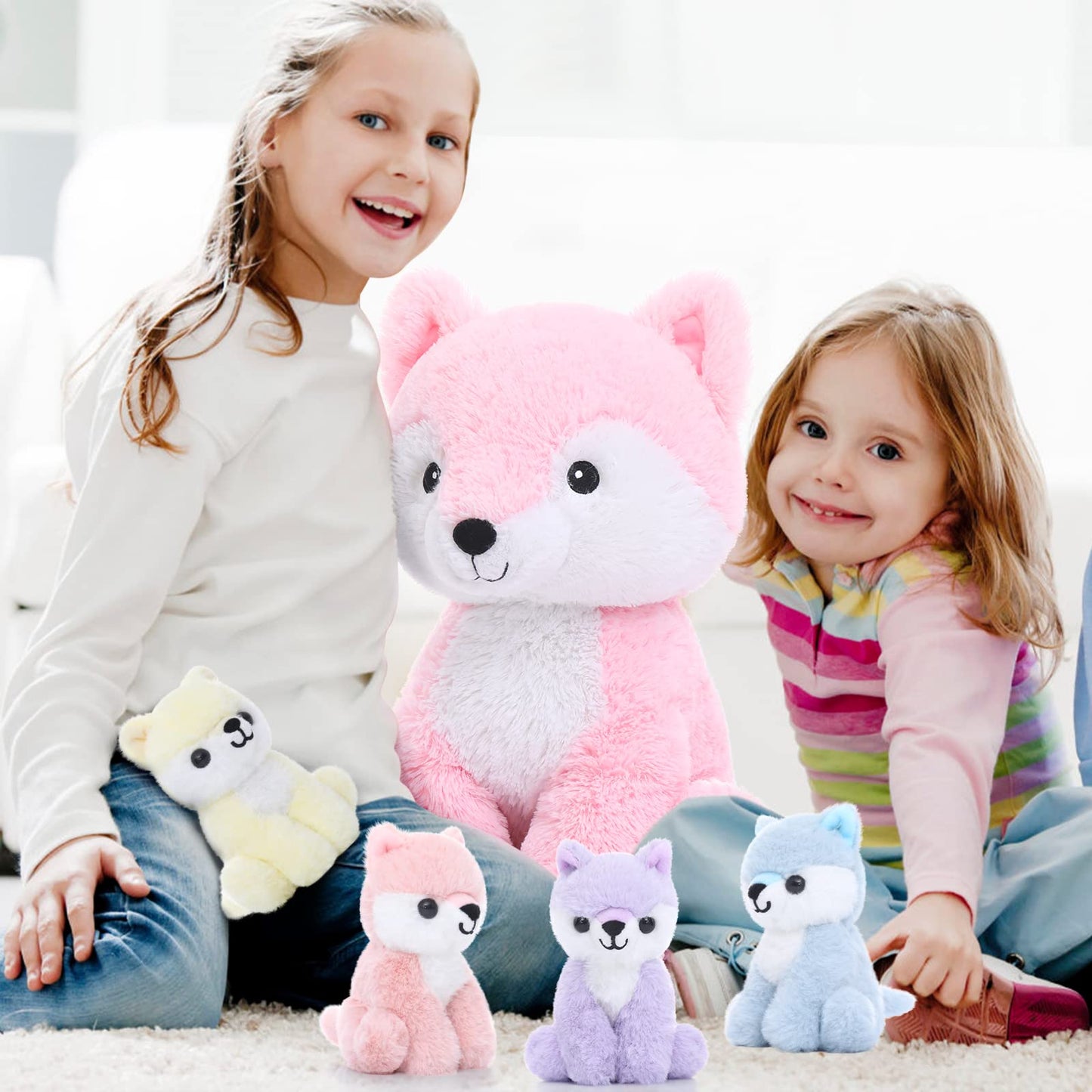 Muiteiur 5 Piece Fox Stuffed Animal Set, Large Pink Cotton Plush Toy with Mommy and 4 Babies, Model W264_12_48