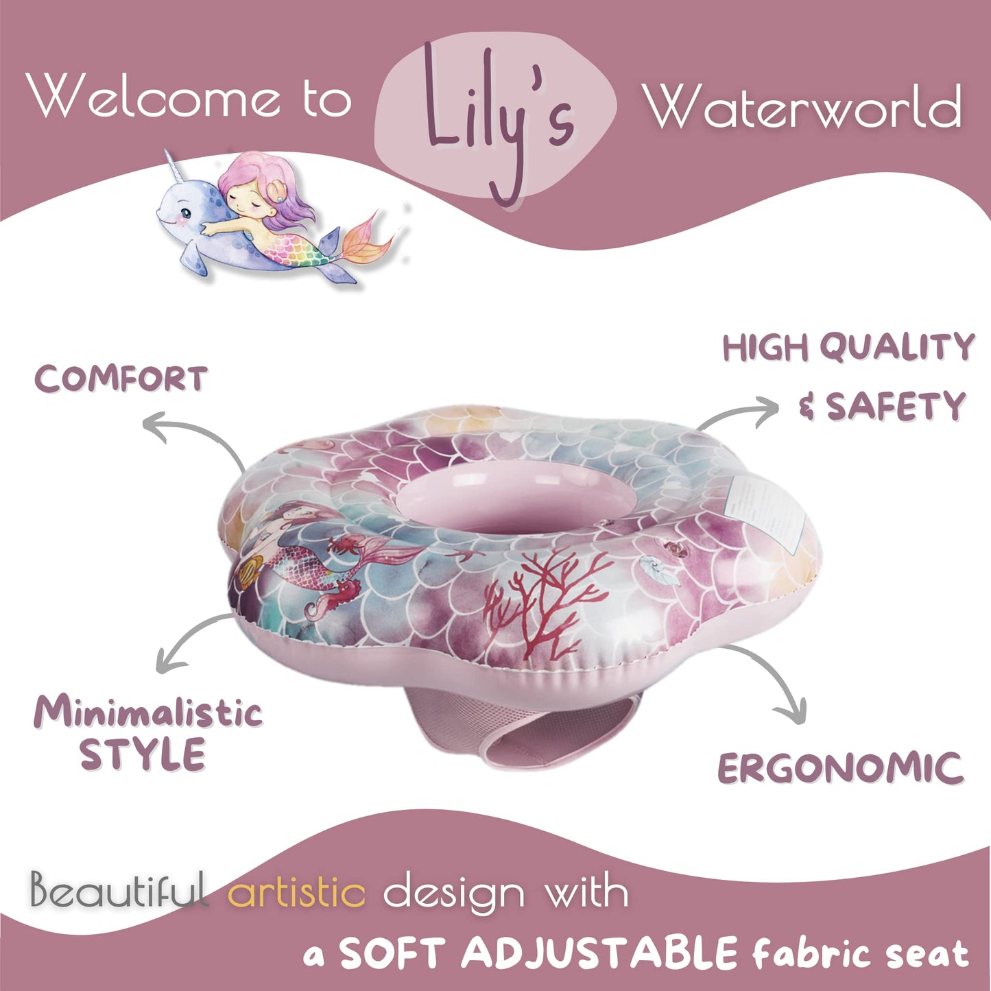 Edwekin Baby Float,Mermaid Theme Inflatable Baby Pool Float,Swimming Pool Accessories For Age Of 3-36 Month