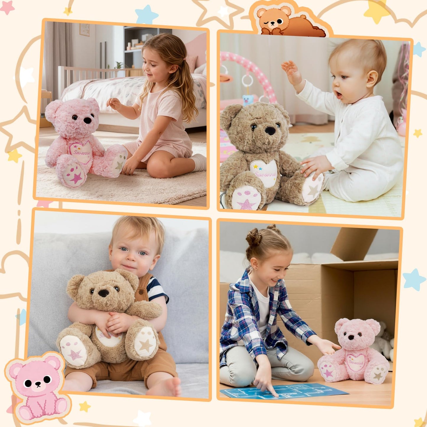 Customizedbee Custom Starlight Teddy Bear 14 in- Personalized Plush with Embroidered Name & Stars, Soft Huggable Toy with Poseab