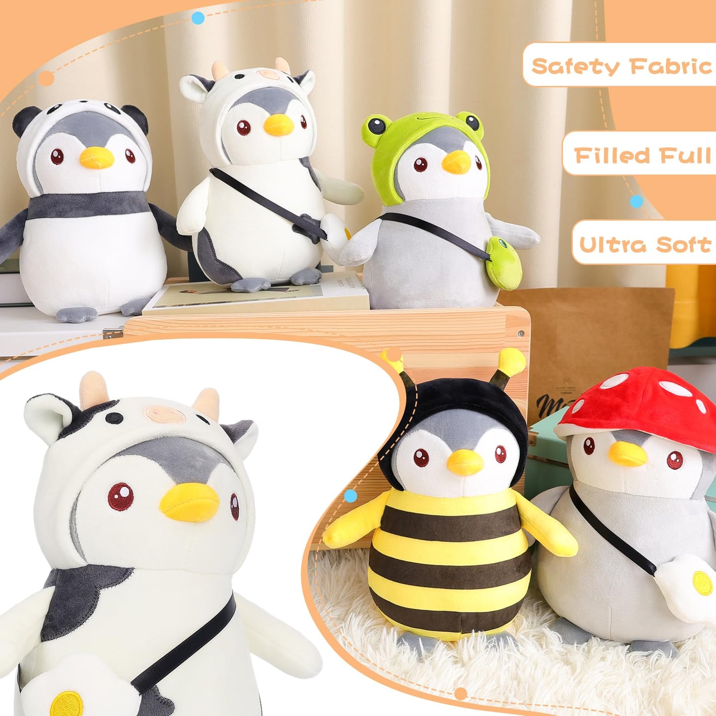 Meleceri Cute Penguin Cow Plush Toy, 9.8'' Stuffed Animal With Cow Costume Outfit,Christmas Birthday Gift