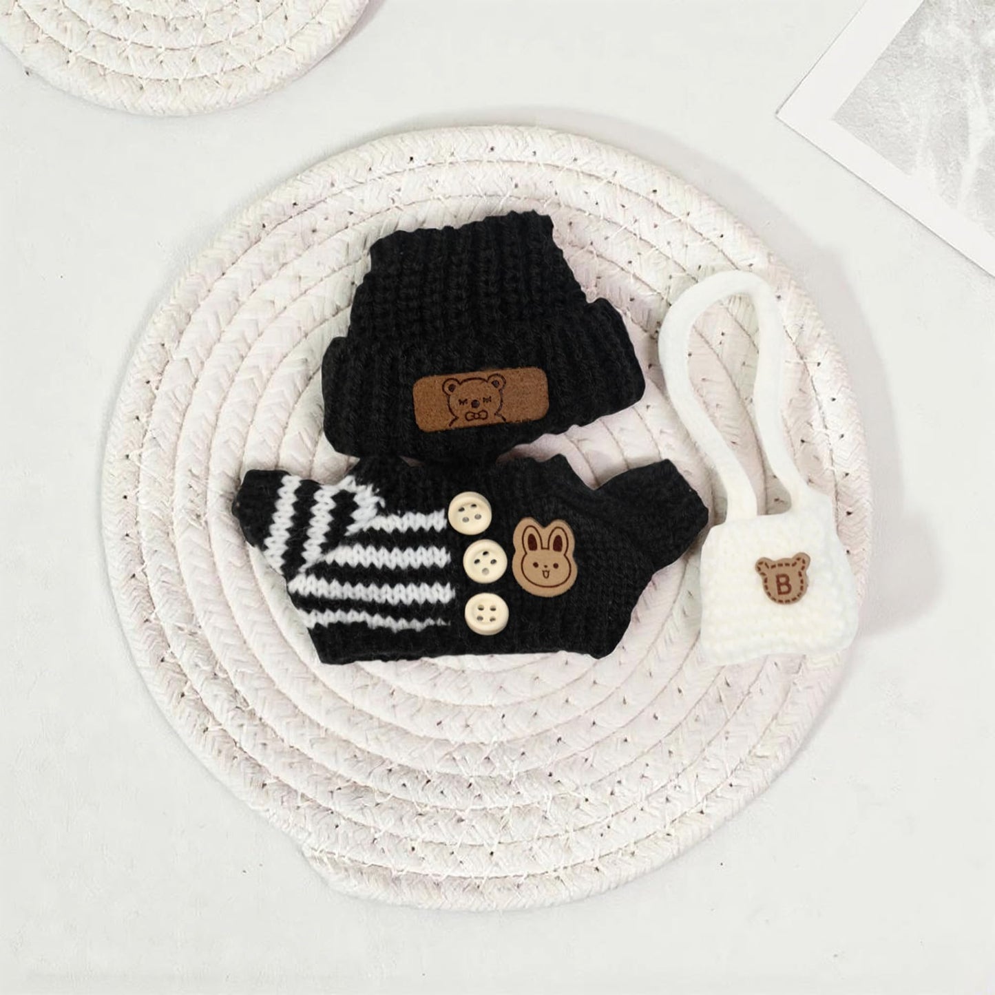 Clothes for 17cm Doll (NO Doll)  Handcrafted Crochet Outfits for 17cm Dolls with Accessories  Boy and Girl 4-Piece Clothes Set  Cute Stylish Clothing with hat and Bag for Dolls Dress up (Black)