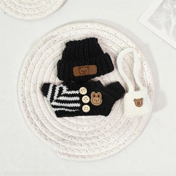 Clothes for 17cm Doll (NO Doll)  Handcrafted Crochet Outfits for 17cm Dolls with Accessories  Boy and Girl 4-Piece Clothes Set  Cute Stylish Clothing with hat and Bag for Dolls Dress up (Black)