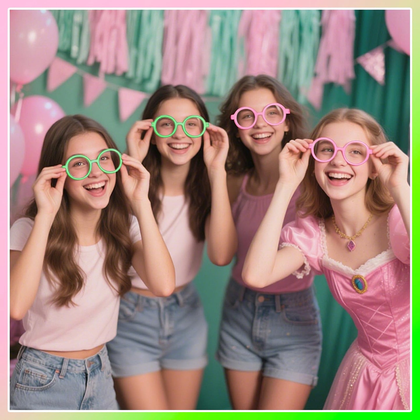 Kingdder 24 Pcs Witch Theme Party Favors Green and Pink Round Glasses Frame Bulk No Lenses Wizard Glasses for Birthday Halloween