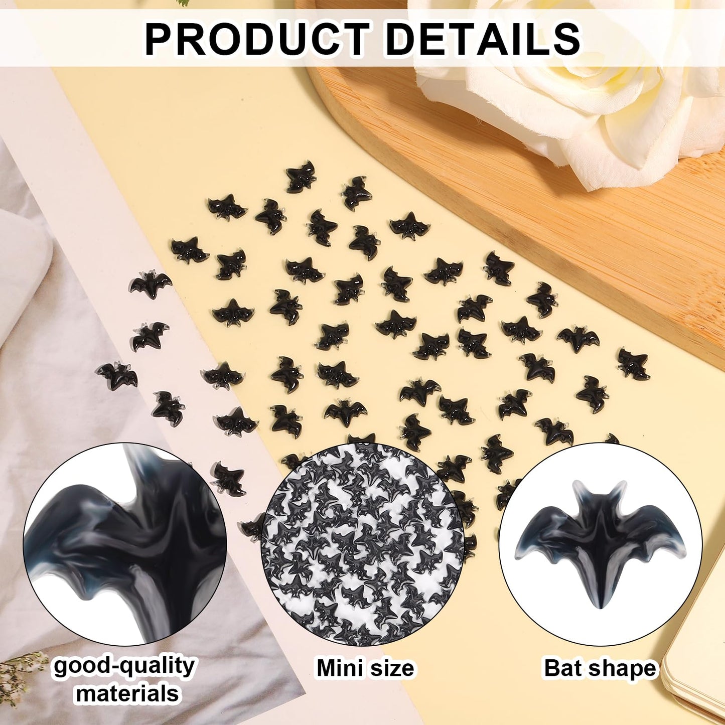 60pcs Halloween Mini Bats  Smooth Washable Resin Halloween Dollhouse Miniatures Dollhouse Miniature Tiny Bats Spooky Themed Cartoon Flat Back Bats for Crafts Scrapbooking (Black)