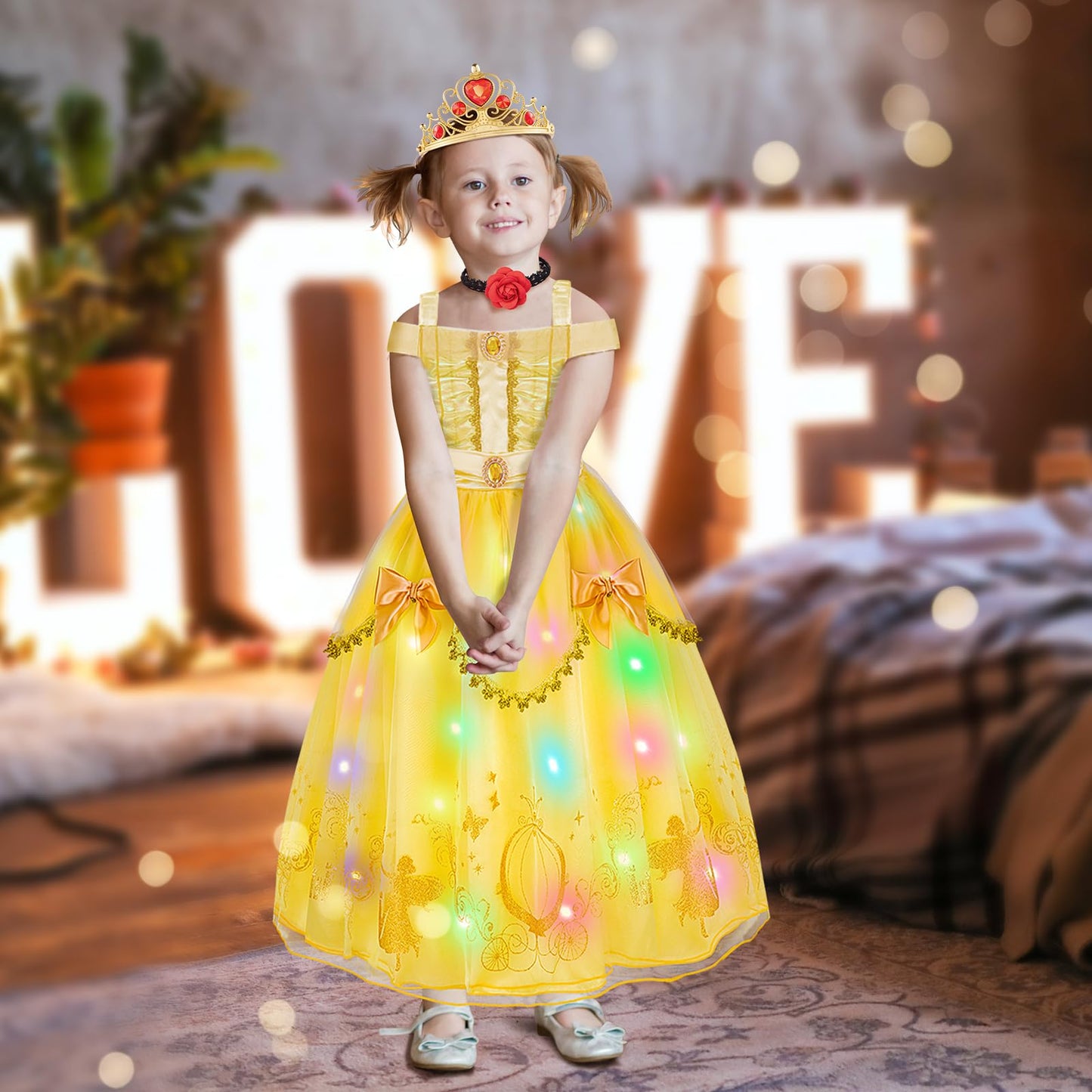 Meland Princess Dress Up For Girls - Light Up Dress Up Clothes & Princess Costume For Toddler Girls Aged 3-10, Gift For Girl 3 4