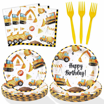 Construction Theme Birthday Party Decorations Plates Set 25 Guests,100 Pcs Plates Napkins Forks Boys Kids Construction Excavator