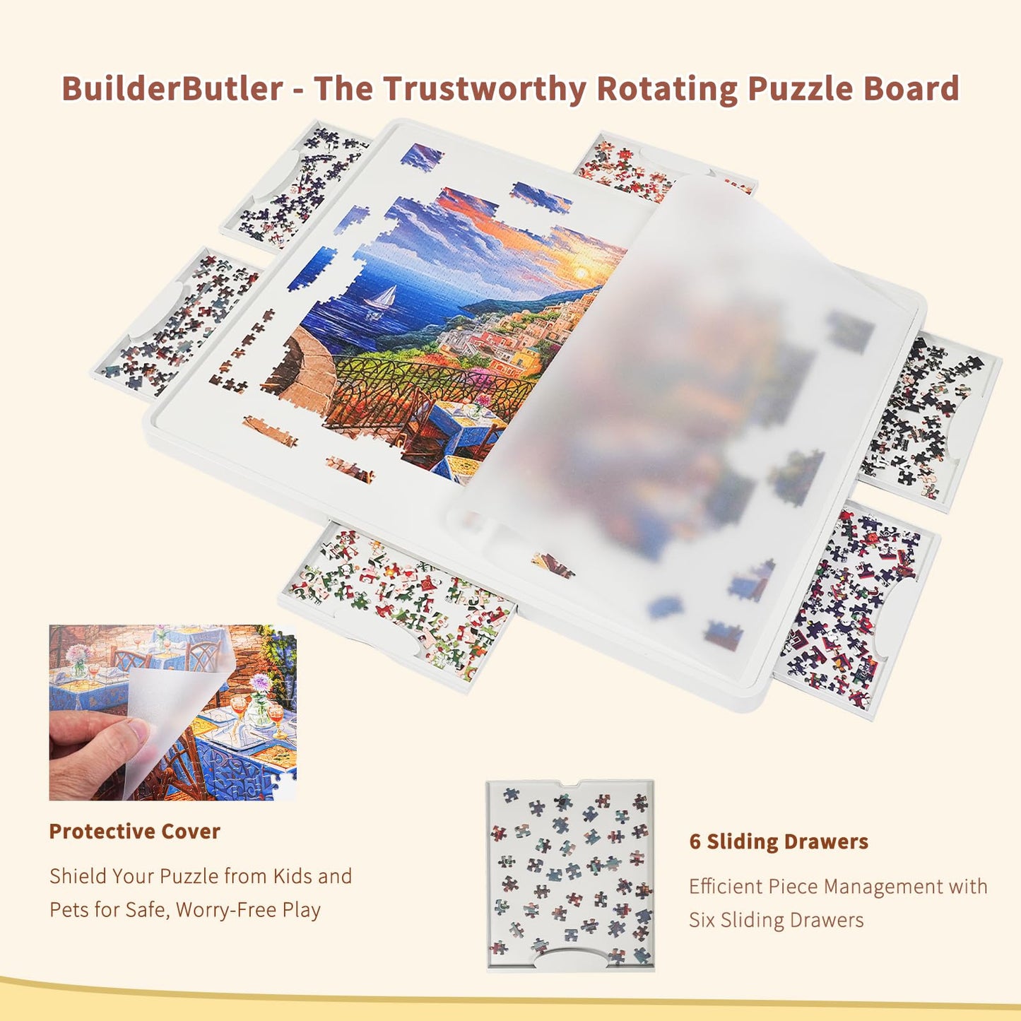 BuilderButler Rotating Puzzle Board, 1500 Pieces, 34.25"x26.38", Gray, with 6 Sliding Drawers and Cover, Portable Plastic Table
