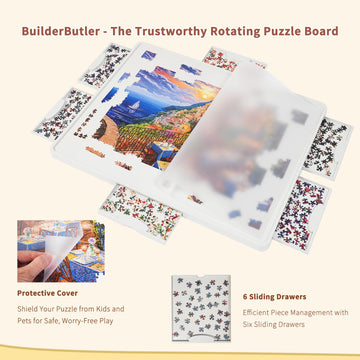 BuilderButler Rotating Puzzle Board, 1500 Pieces, 34.25"x26.38", Gray, with 6 Sliding Drawers and Cover, Portable Plastic Table