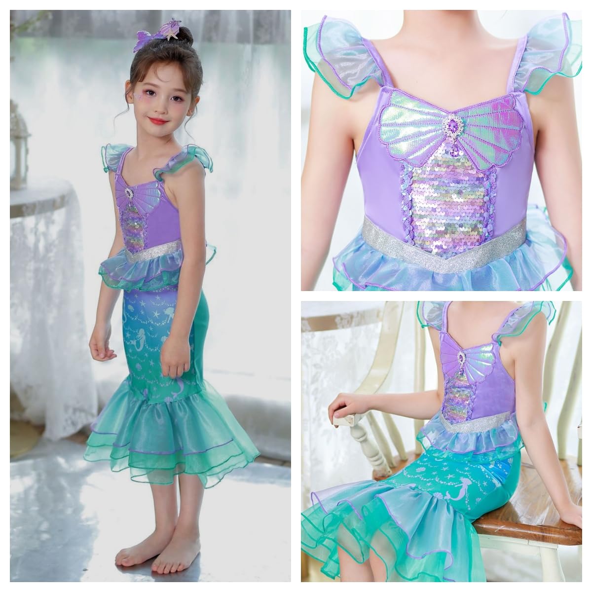 LEDPATY Girls Mermaid Costumes Little Mermaid Dress Glow Princess Dress for Kids with Accesseries Halloween Birthday Party 7-8T