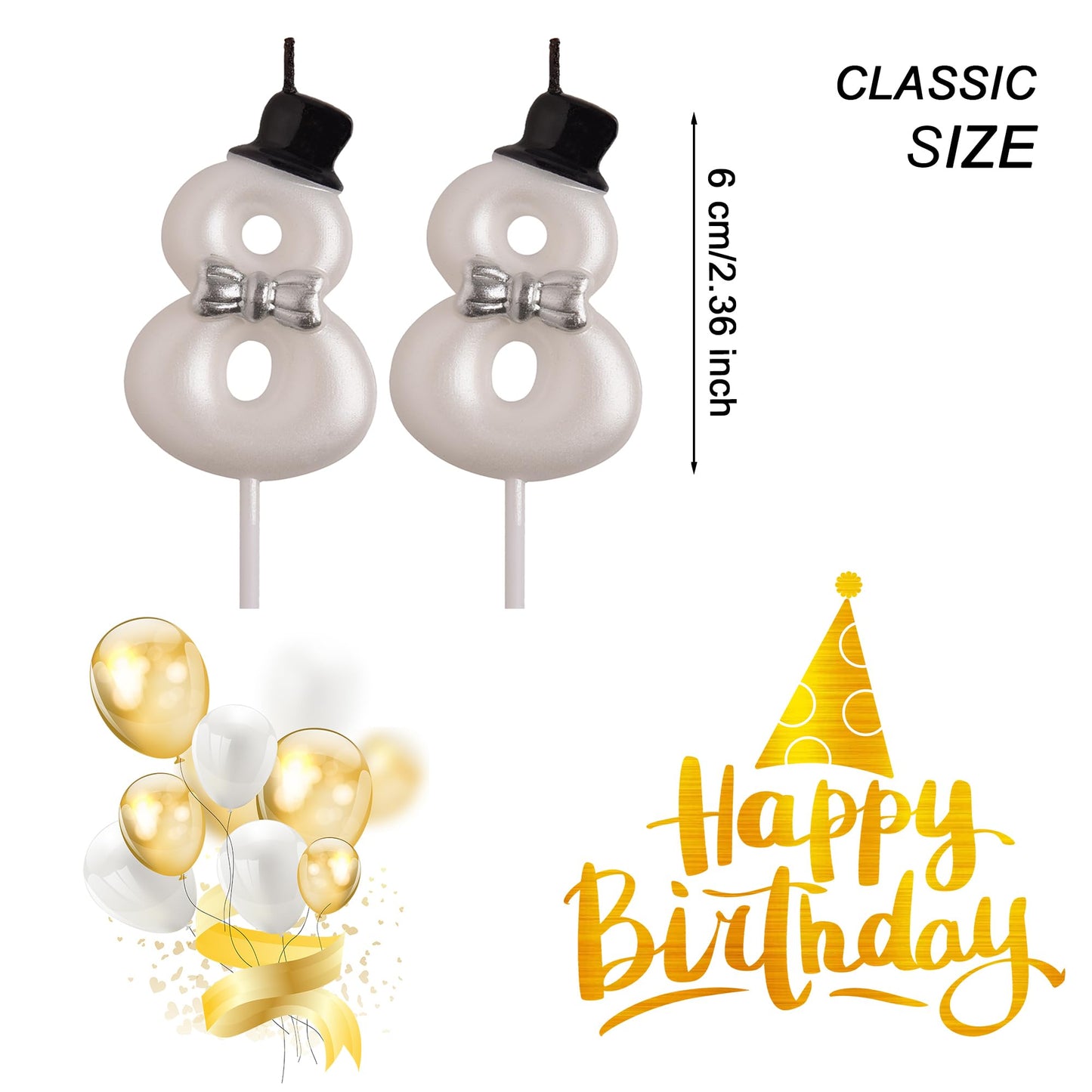AOOLADA 88th Birthday Candles, White 88 Year Old Number Birthday Candles, Happy Birthday Party Decorations Cake Topper Gifts for