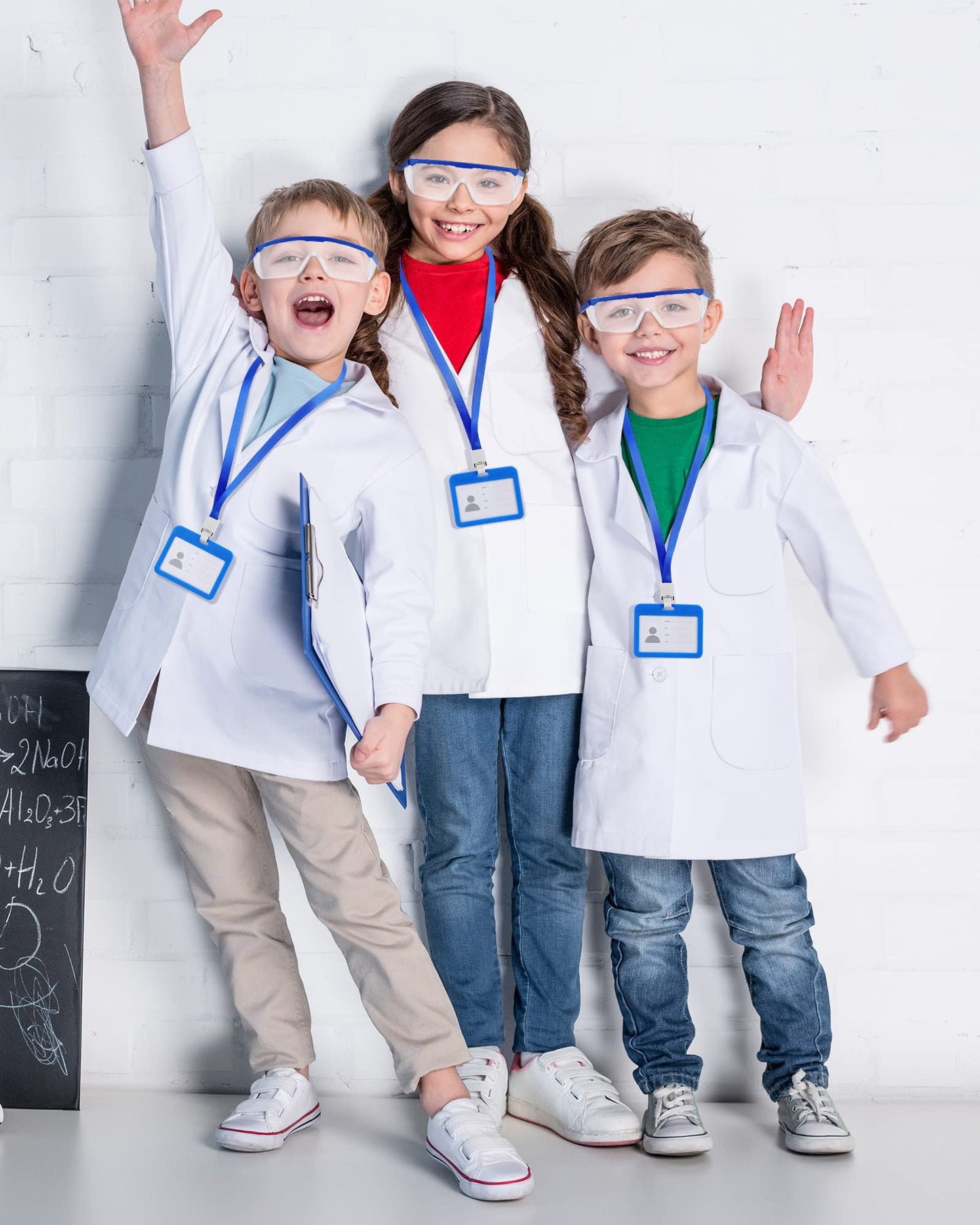 Xtinmee Kids Lab Coat Set - 12 Sets, 36 Pcs, Small, White & Blue, Includes Goggles & ID Card, Perfect for Halloween Dress-Up