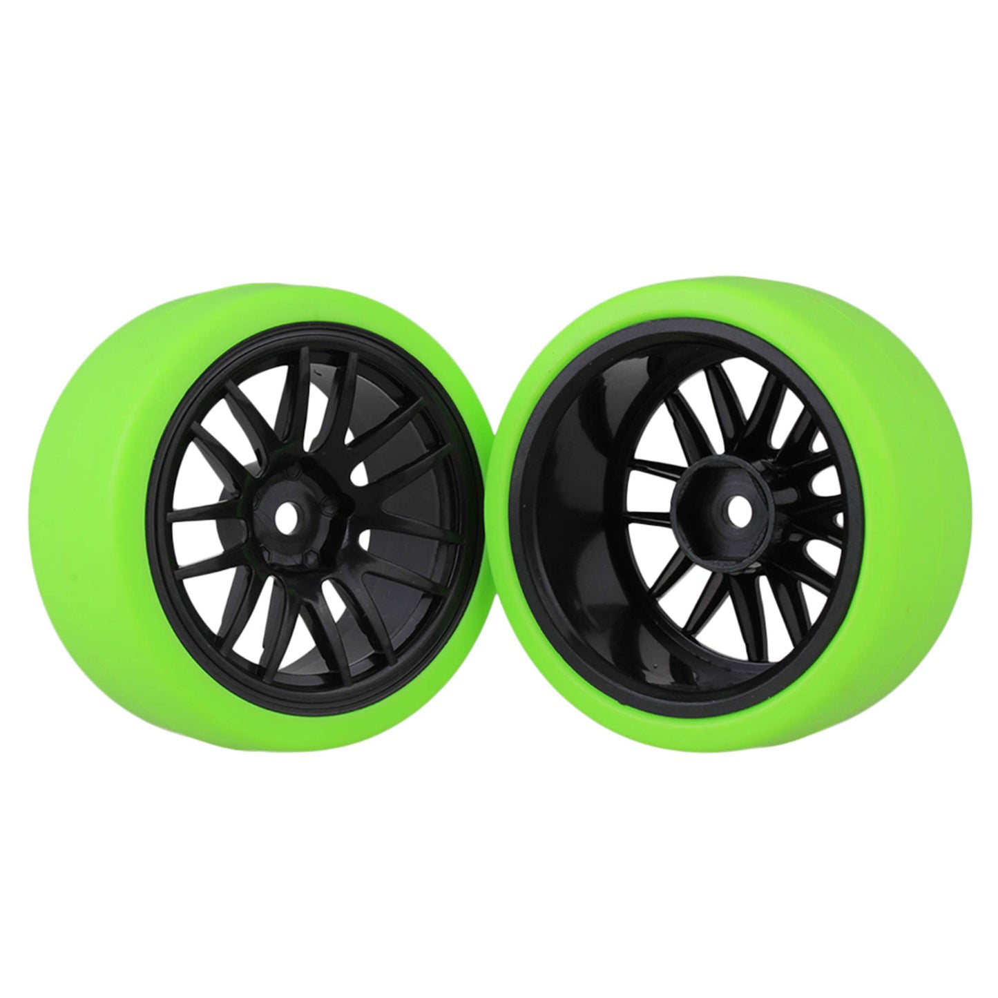 Mxfans Black Plastic 14 Spoke Wheel Rims and Green Drift Smooth Tyres for RC 1:10 On Road Racing Car Set of 4