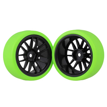 Mxfans Black Plastic 14 Spoke Wheel Rims and Green Drift Smooth Tyres for RC 1:10 On Road Racing Car Set of 4