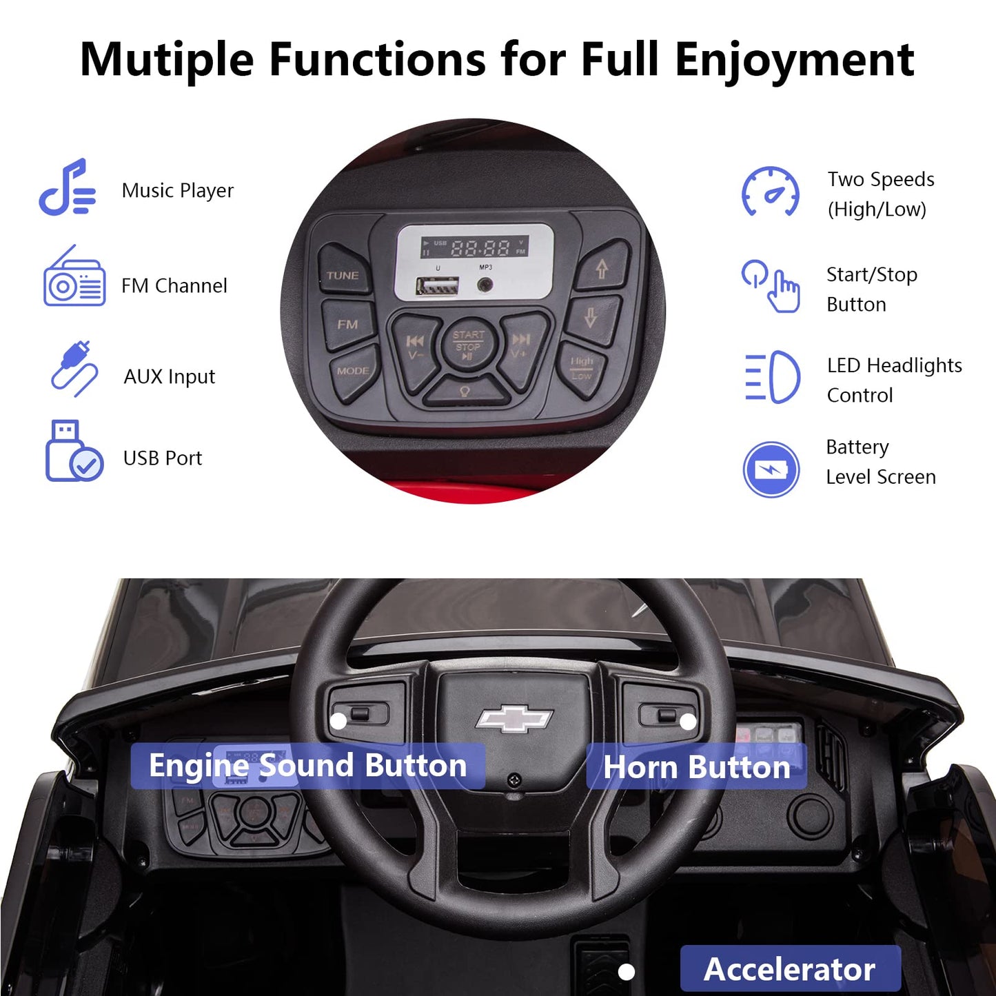 Enyopro 12V Licensed Chevrolet Silverado Ride On Truck Car, Kids Boys And Girls Electric Car Battery Powered Electric Vehicle With Parent Remote Control, Music Player, Led Lights, 3 Speeds, Black