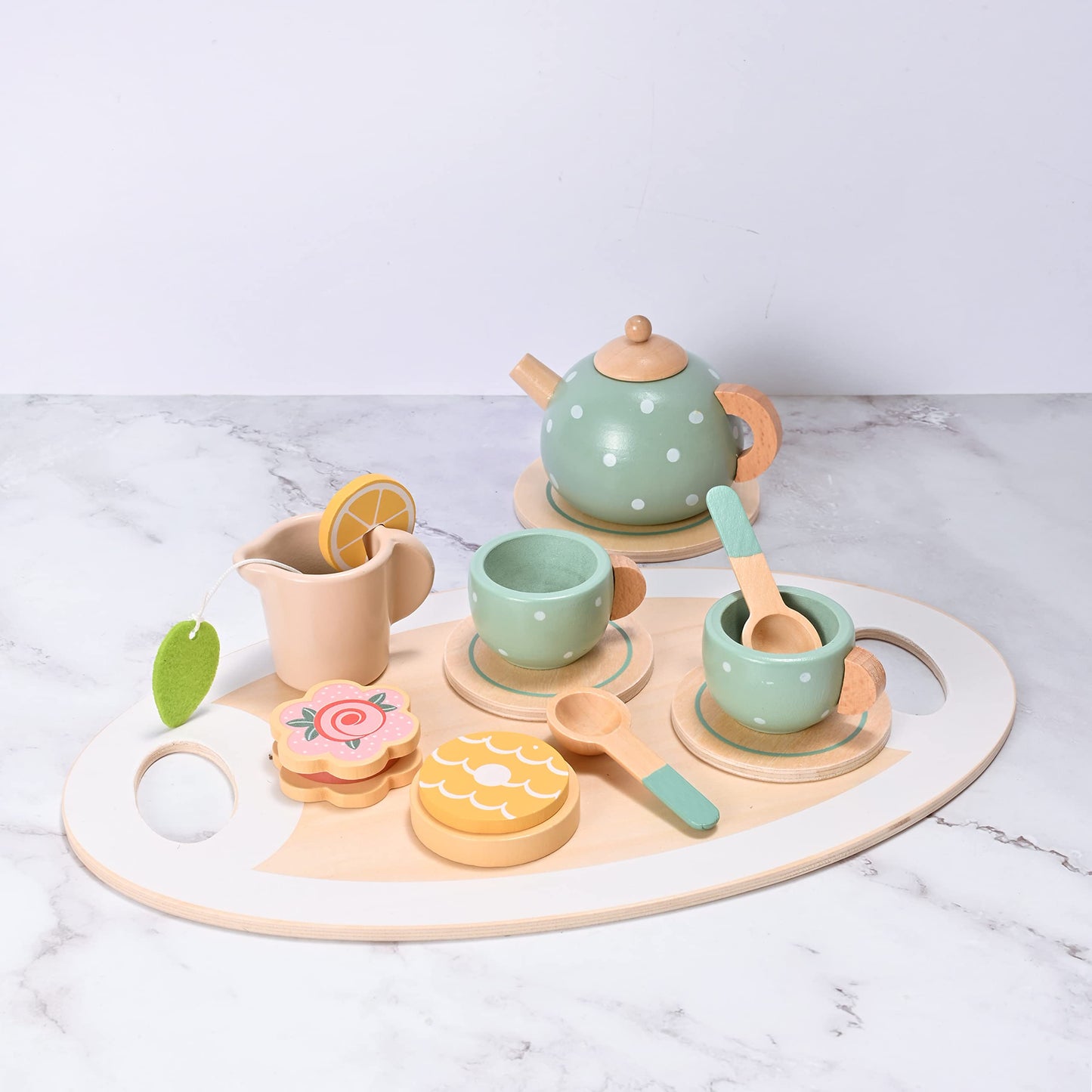 15pcs Wooden Tea Set for Little Girls, MONT PLEASANT Wooden Toys, Toddler Tea Set Play Kitchen Accessories Play Food playset for