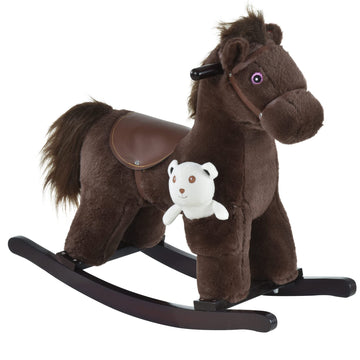 Qaba Kids Plush Ride-On Rocking Horse With Bear Toy, Children Chair With Soft Plush Toy & Fun Realistic Sounds, Brown