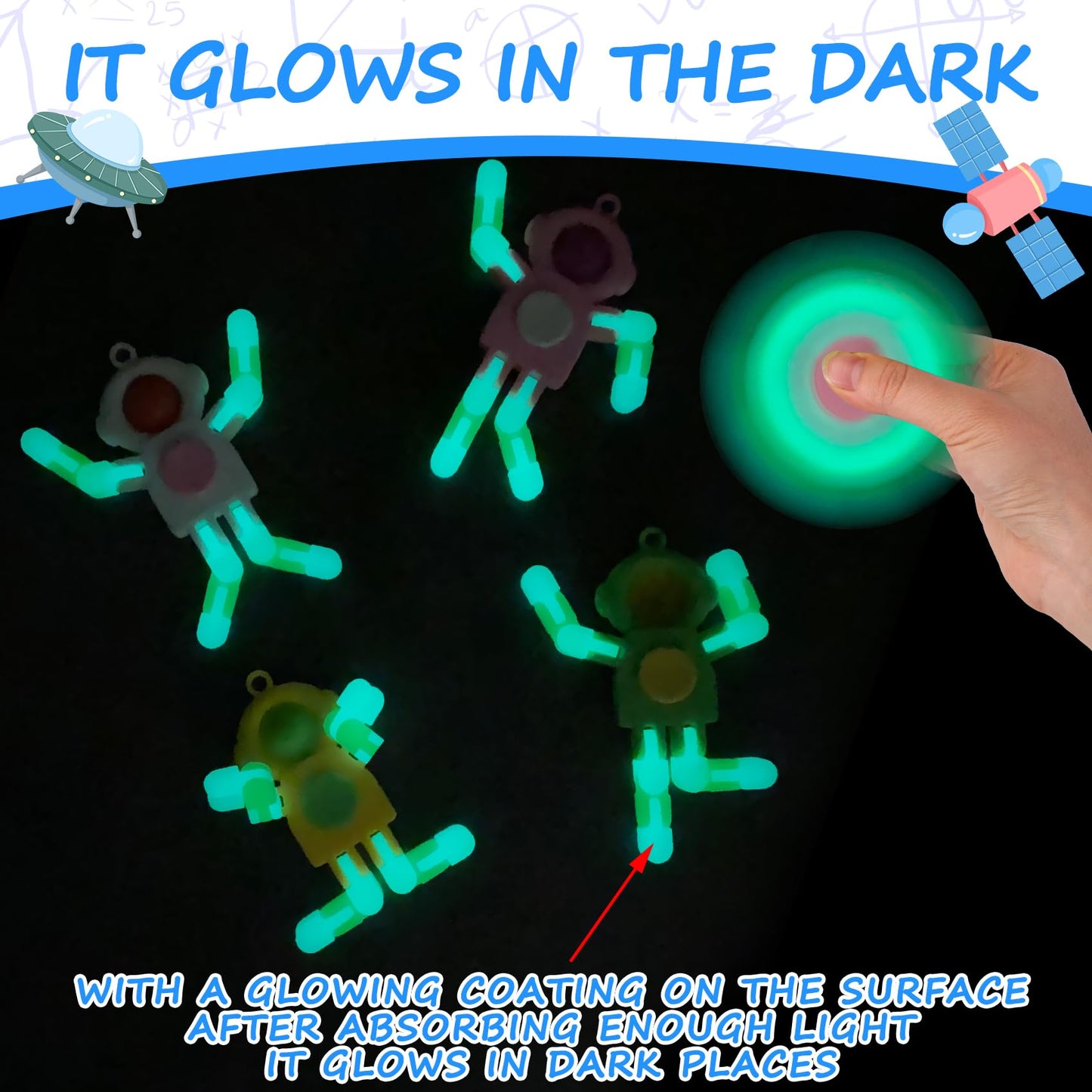 ZQFTZQ 24Pcs Glow in The Dark Fidget Spinner Keychains - Deformable Astronaut Robot Gyro Toys for Kids & Adults, Perfect for Parties & Prizes