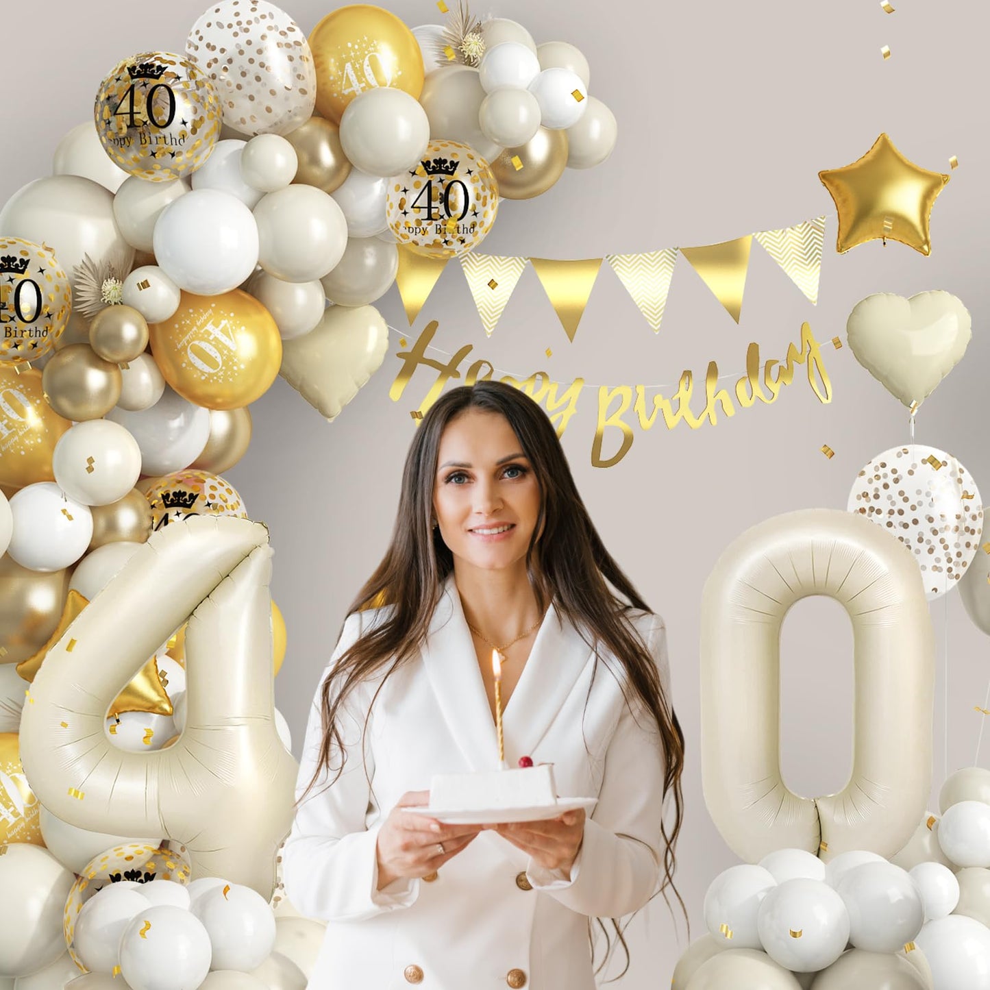 40Th Birthday Decorations Sand White Gold,40Th Birthday Balloon Arch Garland Kit With Happy 40Th Birthday Number 40 Foil Balloon