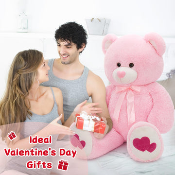 Tezituor Giant Teddy Bear Stuffed Animal 4Ft - Big Pink Teddy Bear With Love Red Heart - Large Stuffed Bear Plush Toys For Kid Christmas Birthday - Valentines Bear Gift For Girlfriend