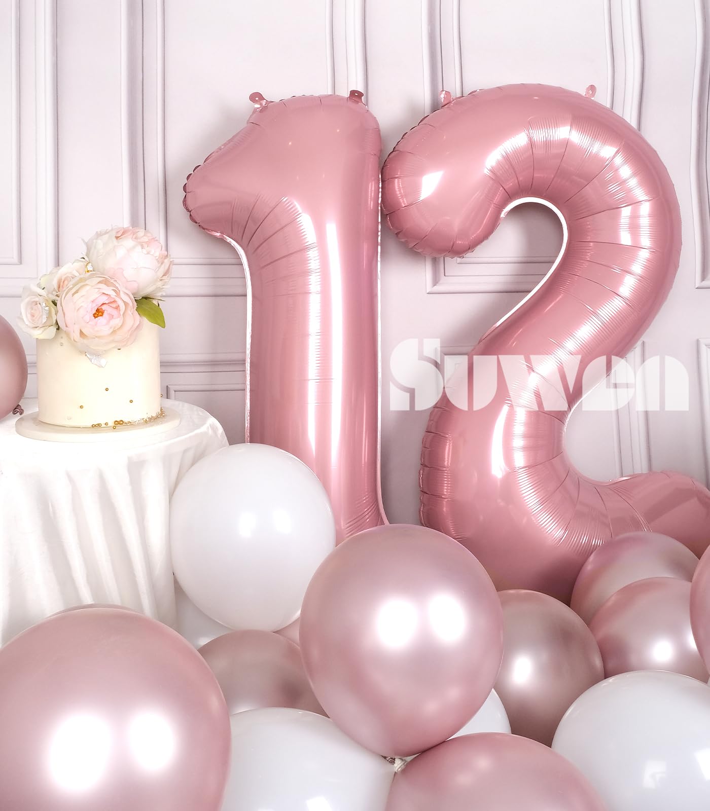 Suwen 40 Inch Pink Large 12 Number Balloons Big Foil Helium Number Balloons 0-9 Jumbo Happy 12Th Mylar Birthday Party Decoration