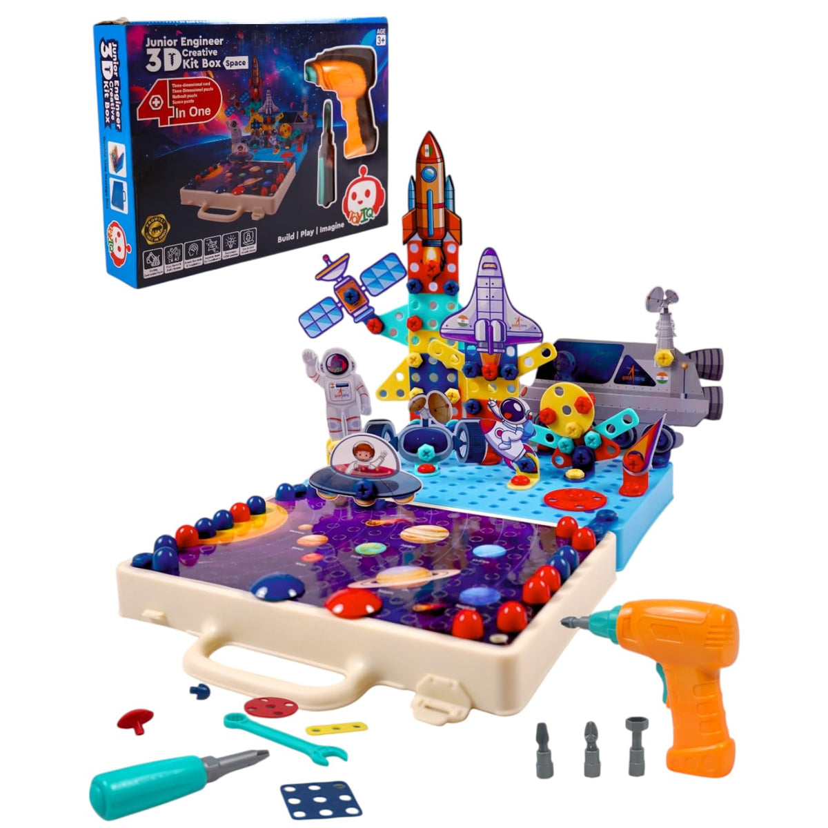 CHARVI WORLD Junior Engineer 234pcs 3D Creative Space Kit  4 in 1 STEM Building Toy with Electric Drill, DIY Screw Construction