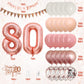 80Th Birthday Decorations Retro Pink Rose Gold,80Th Birthday Balloons,Happy 80Th Birthday Banner With Cake Toppers Rose Gold Num