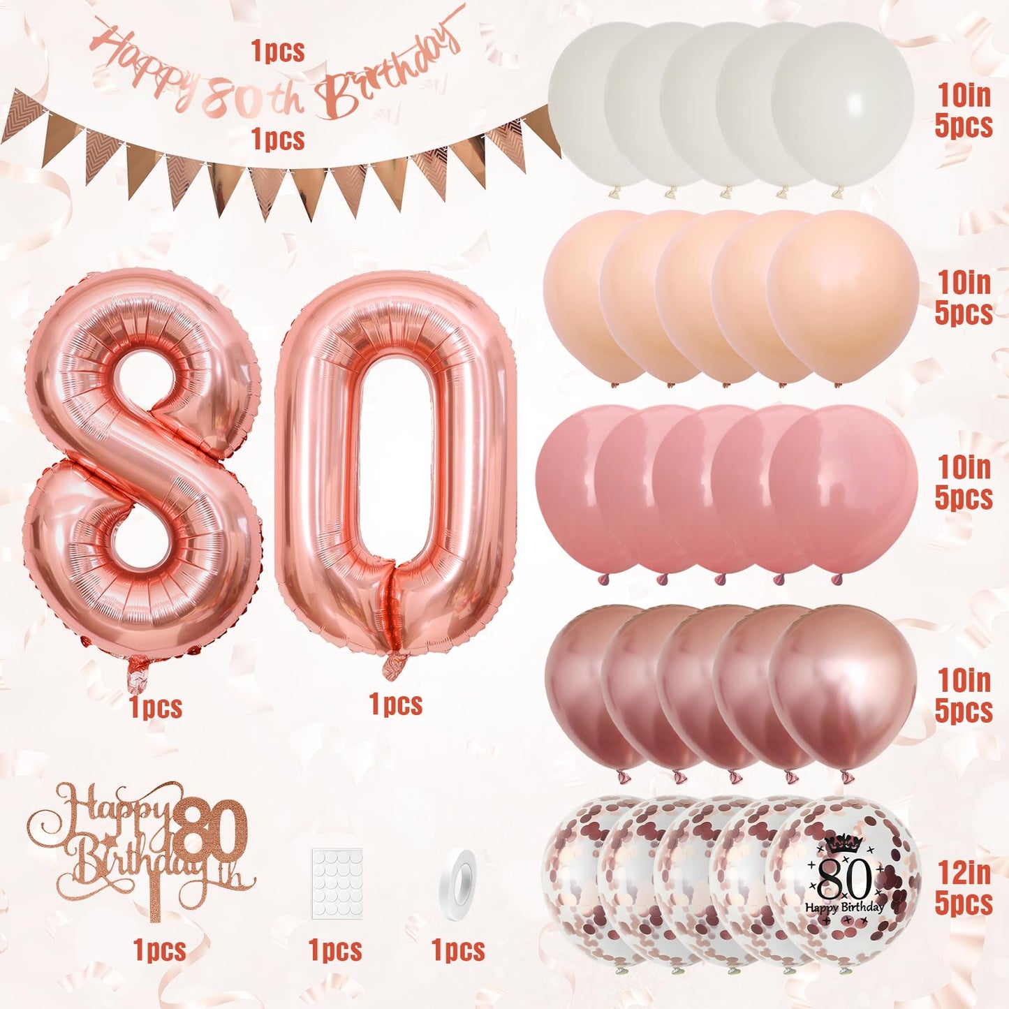 80Th Birthday Decorations Retro Pink Rose Gold,80Th Birthday Balloons,Happy 80Th Birthday Banner With Cake Toppers Rose Gold Num