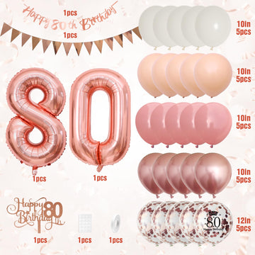 80Th Birthday Decorations Retro Pink Rose Gold,80Th Birthday Balloons,Happy 80Th Birthday Banner With Cake Toppers Rose Gold Num
