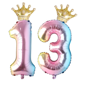 13 Number Balloon Rainbow 40 Inch Big Foil Crown Helium 13Th Balloons For 13 Year Old Boy Girl Birthday Party Decorations Weddin