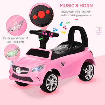 Aosom Kids Ride On Push Car, Foot-To-Floor Walking Sliding Toy Car For Toddler With Working Horn, Music, Headlights And Storage, Pink