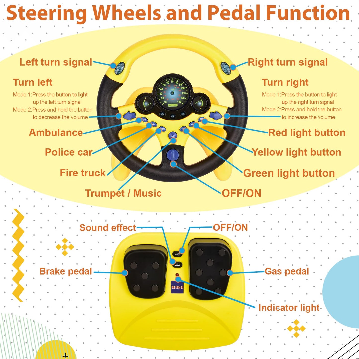 RedCrab Steering Wheels with Brake and Gas Pedals Toy for Kids,Simulated Driving for Toddlers with Light&Music, Pretend Driving