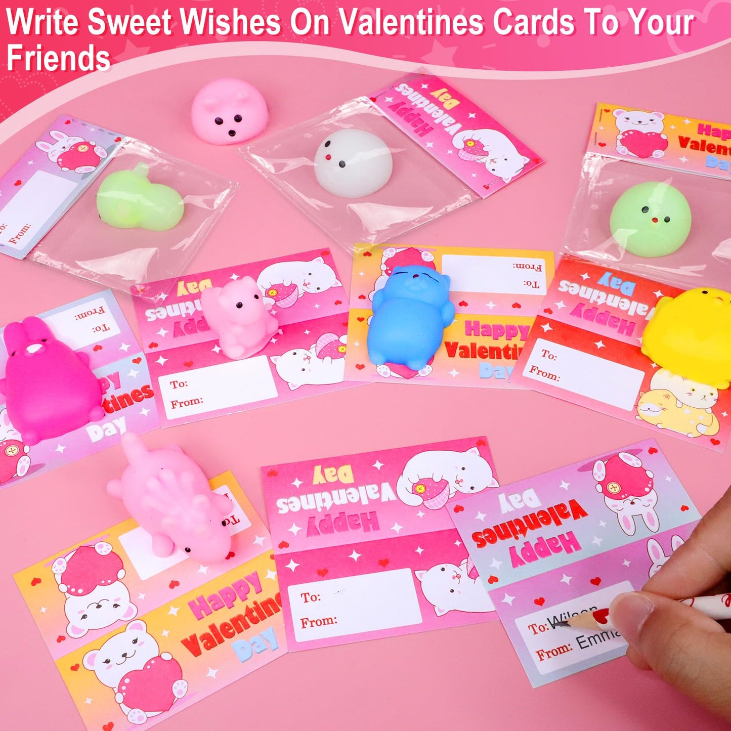 Amenon 28 Pack Valentines Animals Mochi Squishies With Cards Classroom Valentine'S Day Gifts For Kids Prefilled Kawaii Bear Stress Relief Squeeze Fidget Toys Exchange Favor Prizes School Goodie Bag
