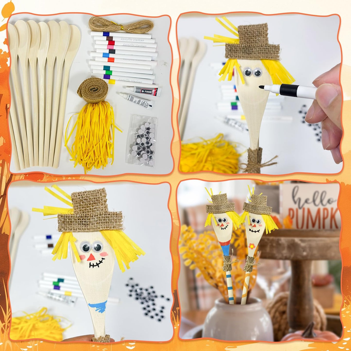 Cinrobiye 12 Set Fall Scarecrow Wooden Spoon Craft Kit, DIY Autumn Scarecrow Mason Jar Decoration Set Goodie Bag Fillers for Tha