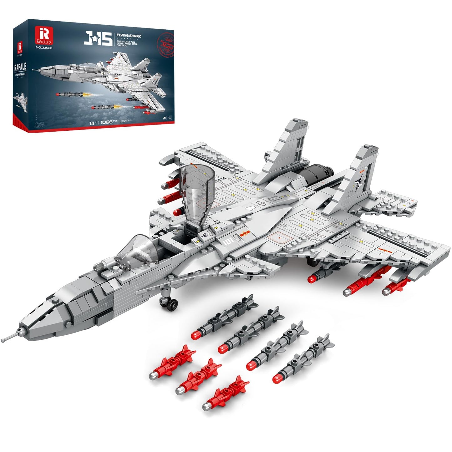 Reobrix J-15 Fighter Jet Building Set Military Air Jet with Movable Wings Single Seater Fighter 33028 Aircraft Model Kits Military Displays Gift for mature-themed Teens Boys 14+ 1066PCS
