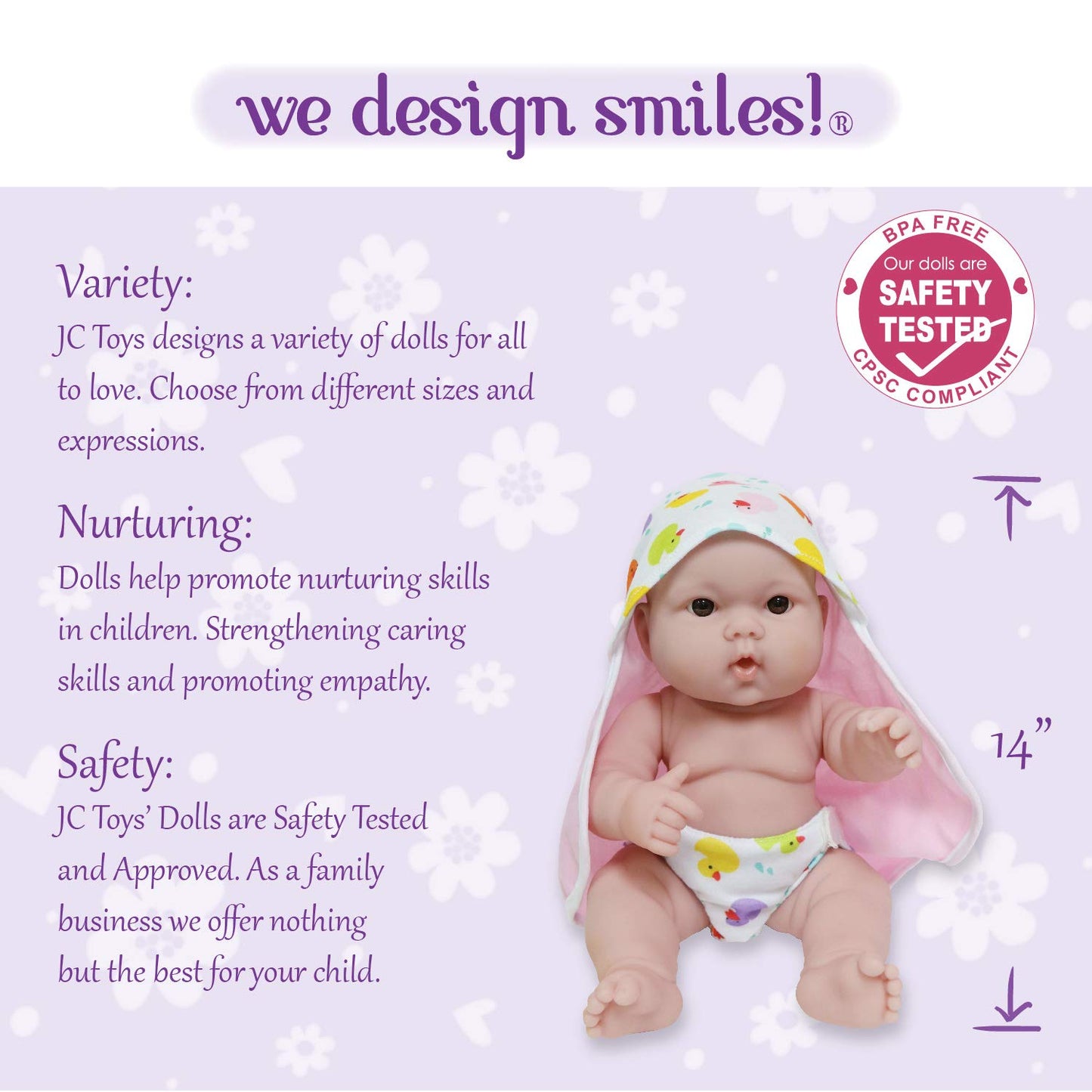 JC Toys Lots to Love 14" Vinyl Doll Set - 4 Piece Bath Time Gift, Posable & Waterproof, Pink, Model 16008, Ages 2+
