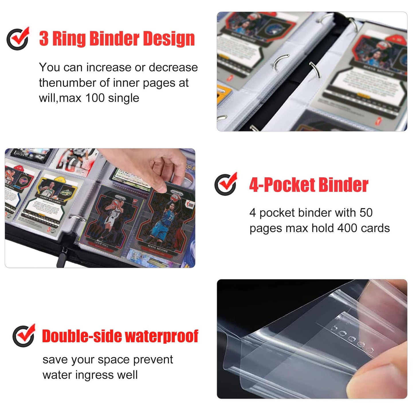 Basketball Trading Card Binder 4 Pocket with 50 Sleeves up to 400 Cards Basketball Binder Portable Waterproof Storage Book with Sleeves for Basketball Cards Collection