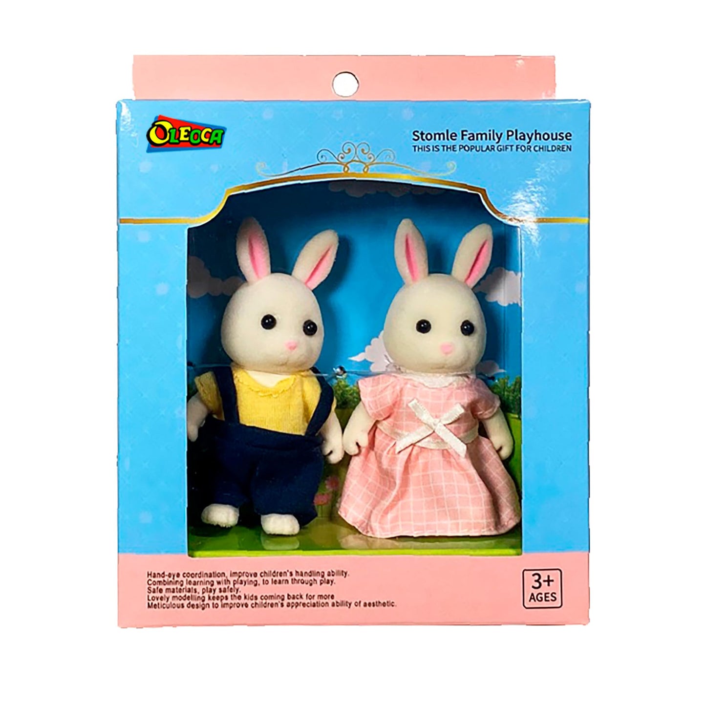 Oleoca Family Cream Rabbit Figures - Set Of 2 Collectible Flocked Mini Dolls With Removable Clothes, Miniature Dollhouse Pretend
