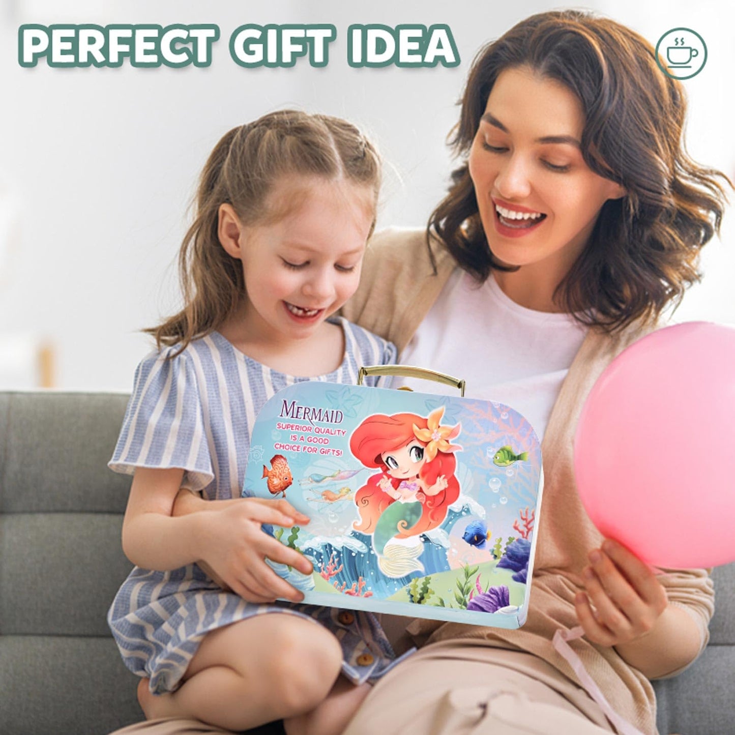 Lajeje 52Pcs Mermaid Tea Party Set for Little Girls, Pretend Tin Teapot Set with Metal Carrying Case, Little Mermaid Princess To