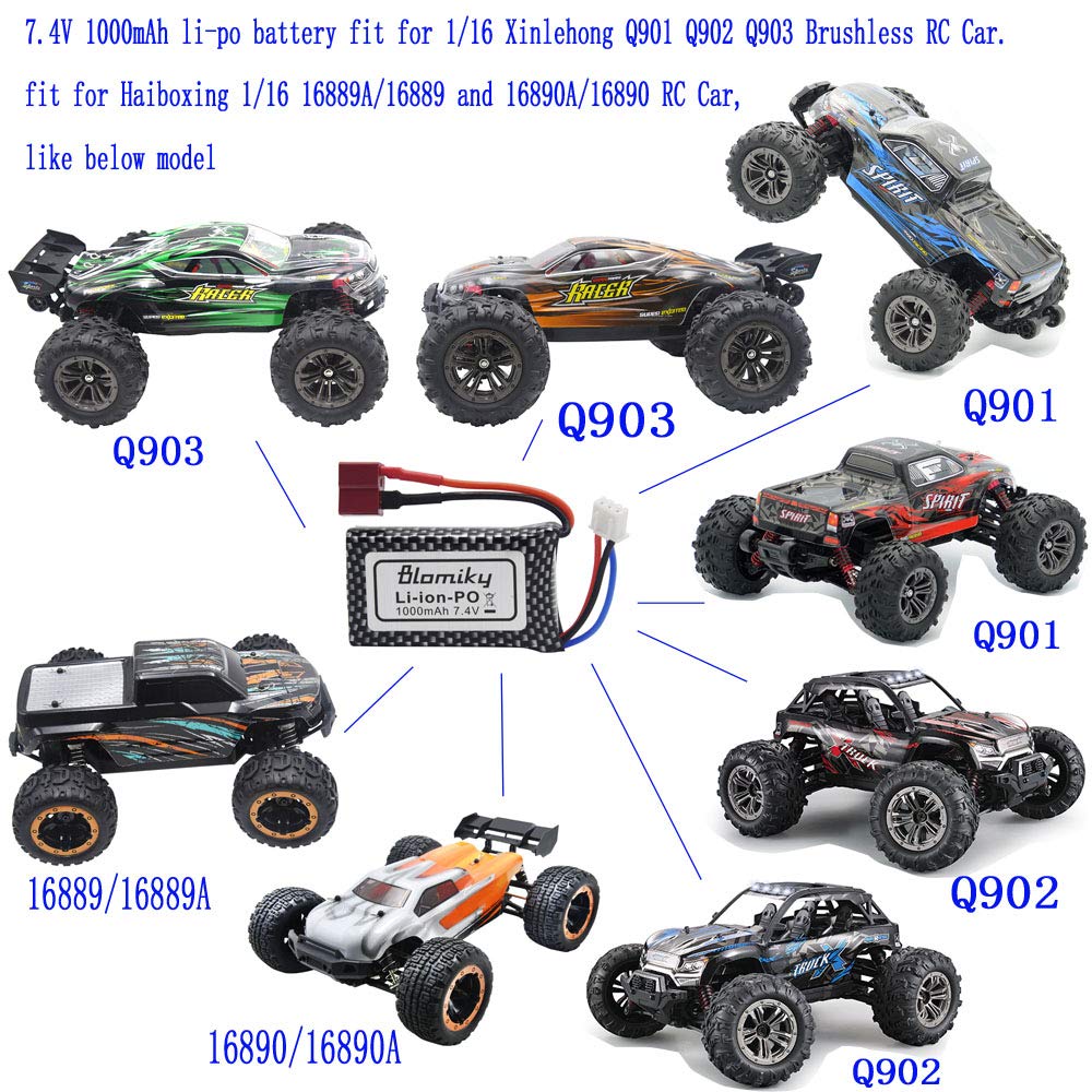 Blomiky 2 Pack 7.4V 2S 30C 1000mAh 7.4Wh Lipo Battery T Plug and USB Charger Cable Suitable for HBX 16889 16890A and XLH Q903 Q9