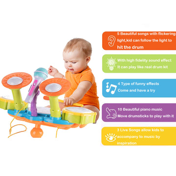 Cozybuy Kids Drum Set For Toddlers 1-3, Baby Drum Set Musical Instruments Toddlers Drum Toys With 2 Drum Sticks, Beats Flash Lig