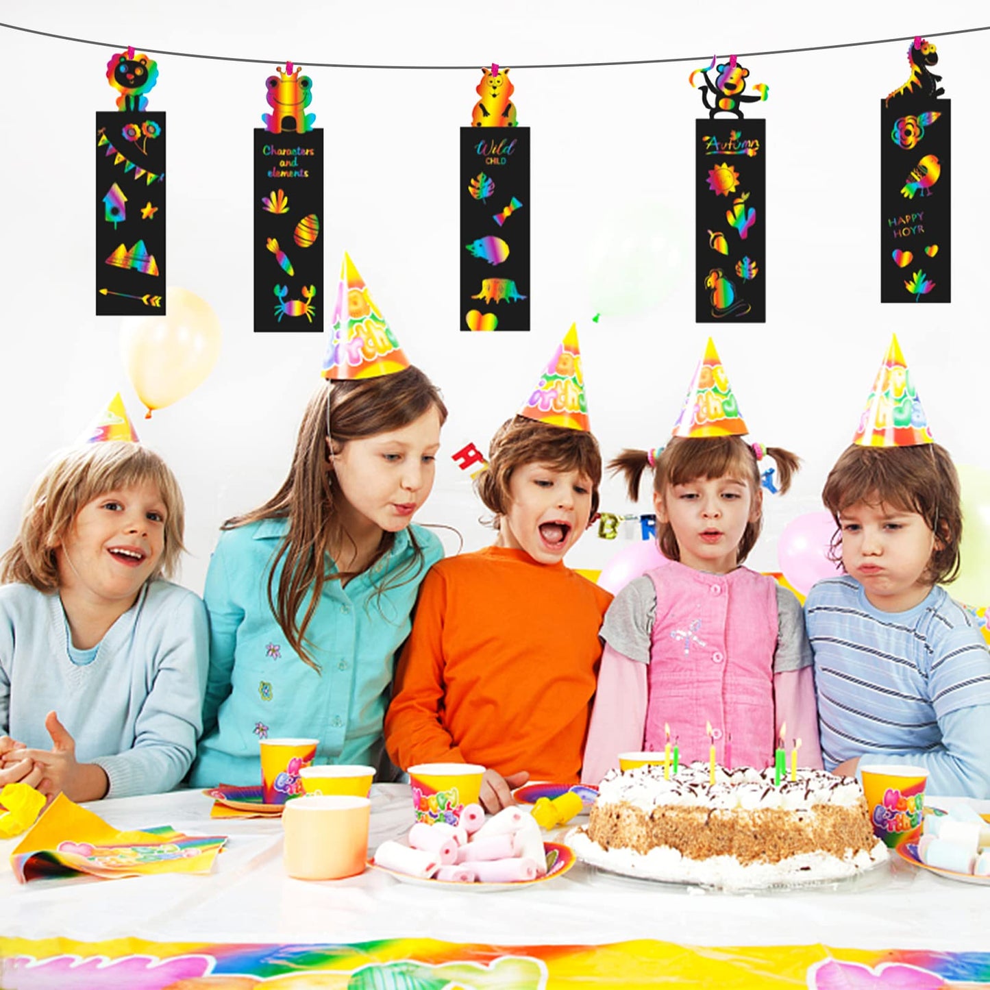 100Pcs Scratch Art Bookmarks Making Kit for Kids, Scratch Paper DIY Animal Bookmarks Bulk with 100 Pcs Ribbons and 100 Pcs Wood