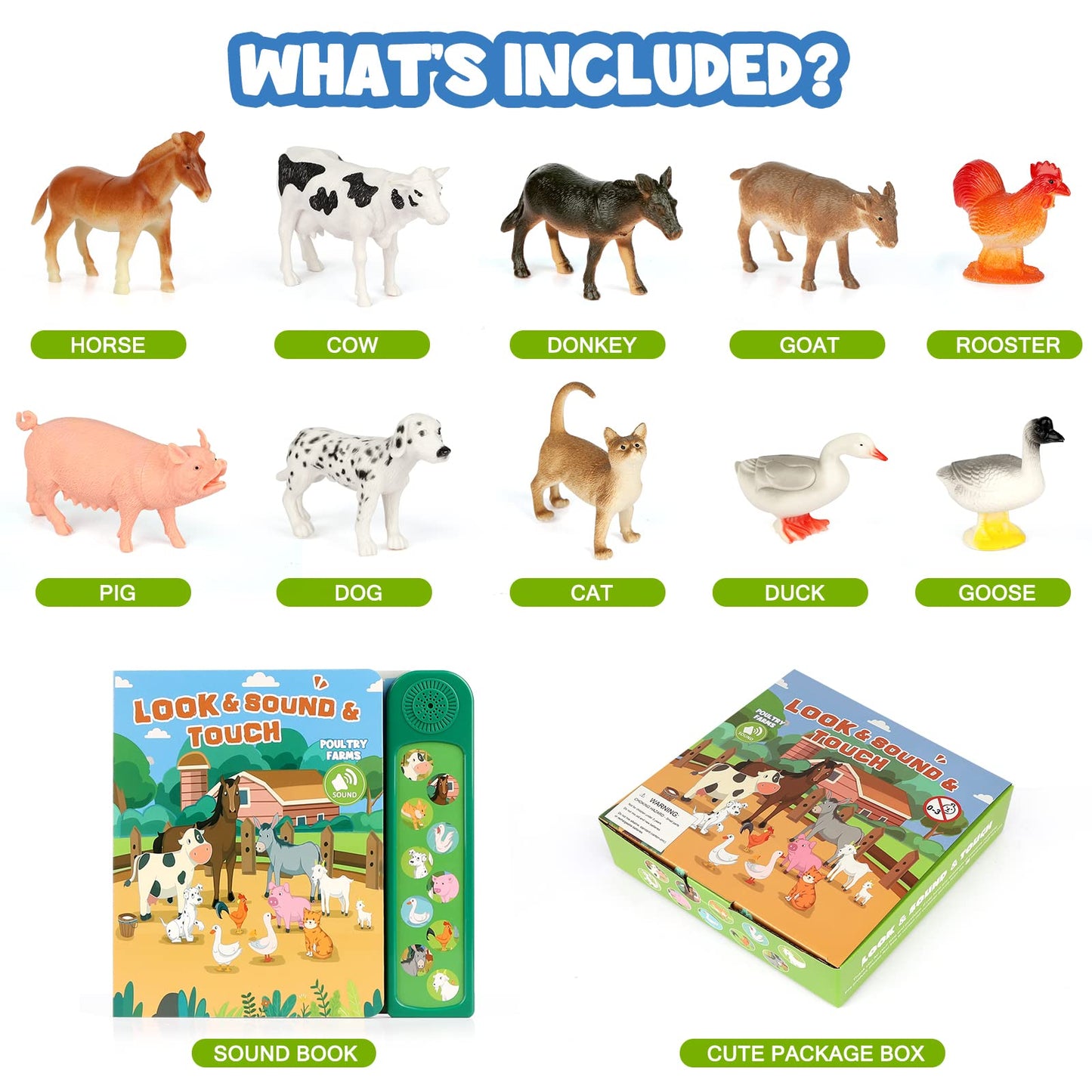 Domniu Farm Animals Figures Toys With 10 Realistic Plastic Animal Figurines & Kids Sound Book, Educational Learning Toys Gift Fo