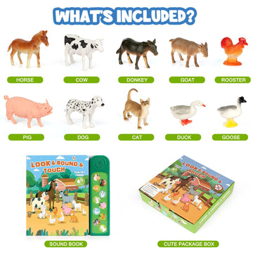 Domniu Farm Animals Figures Toys With 10 Realistic Plastic Animal Figurines & Kids Sound Book, Educational Learning Toys Gift Fo