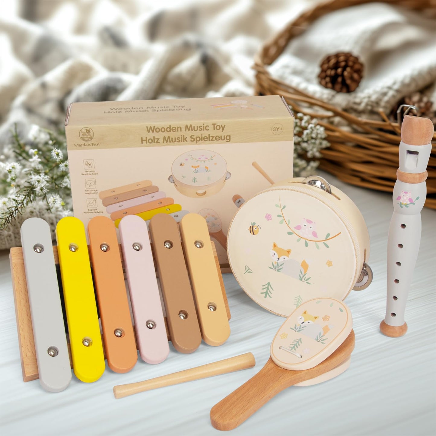 Wooden Musical Instruments Set for Toddlers 1-3, Natural Wood Percussion Instruments Xylophone Gift Set for Girls Boys Kids ,Pre