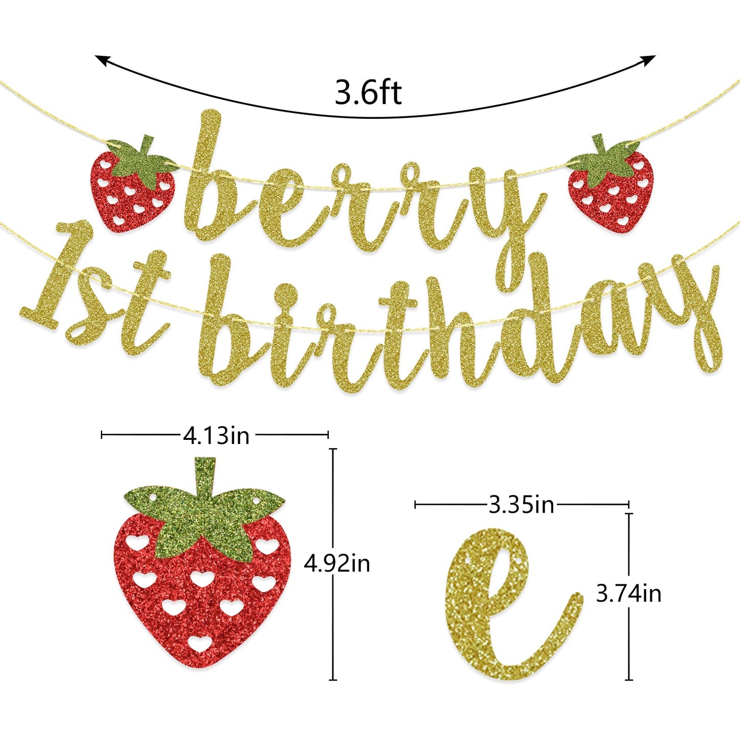 Berry First Birthday Banner, Glitter Strawberry Banner, 1St Birthday Decor (Gold)